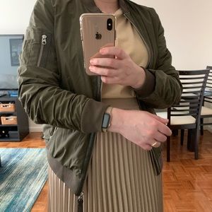 Mackage olive green bomber jacket - leather trim